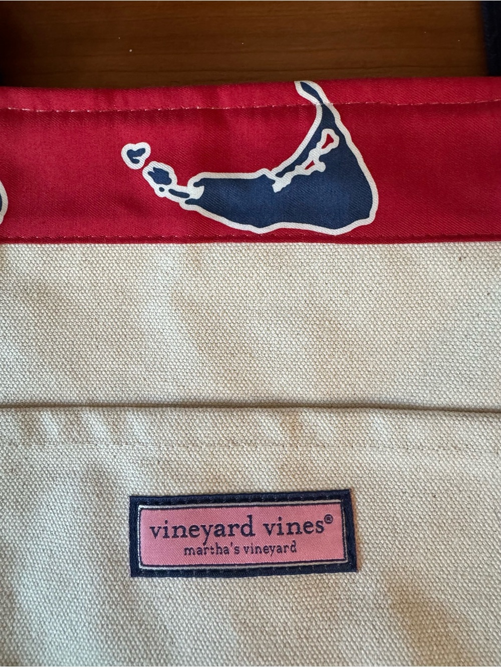 Vineyard Vines Natural Canvas Tote with Navy Straps and Nantucket Map - Picture 3 of 9